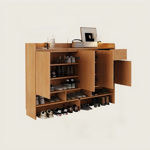 Meuble à chaussures moderne en bois massif de chêne Xha, classe ENF, personnalisable, pour couloir de centre commercial, armoire de rangement intégrée - Product Image 3