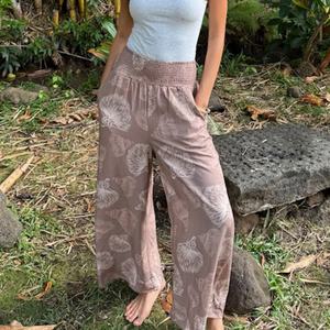 Pantalons pour femmes légers à imprimé hawaïen personnalisé, taille haute, décontractés, jambes larges, OEM, 100% coton, pantalons en toile - Product Image 2