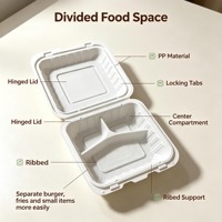 Boîte à hamburger jetable biodégradable à 3 compartiments, en plastique, type clamshell, MFPP, micro-ondable, sans BPA, sans PFAS, avec couvercle, pour emporter
