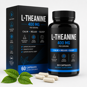 แอล-ธีอะนีน 400 มก. อาหารเสริมสมองพร้อมวิตามินบี 6 และชาเขียวไม่มีคาเฟอีนเพื่อความสงบและสมาธิ  รับผลิตแบบ OEM แคปซูลวีแกน - Product Image 1