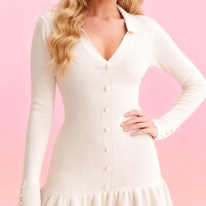 ชุดเดรสแขนยาวผ้าถักระบายสองชั้นคอปกกระดุมมุกสำหรับผู้หญิงแฟชั่น - Product Image 5