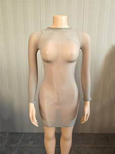 Abito Trasparente da Donna a Maniche Lunghe Elasticizzato Estivo di Tendenza Hipster Peach Hip Clubwear Sexy Aderente Mini Abito Bodycon da Notte - Product Image 3