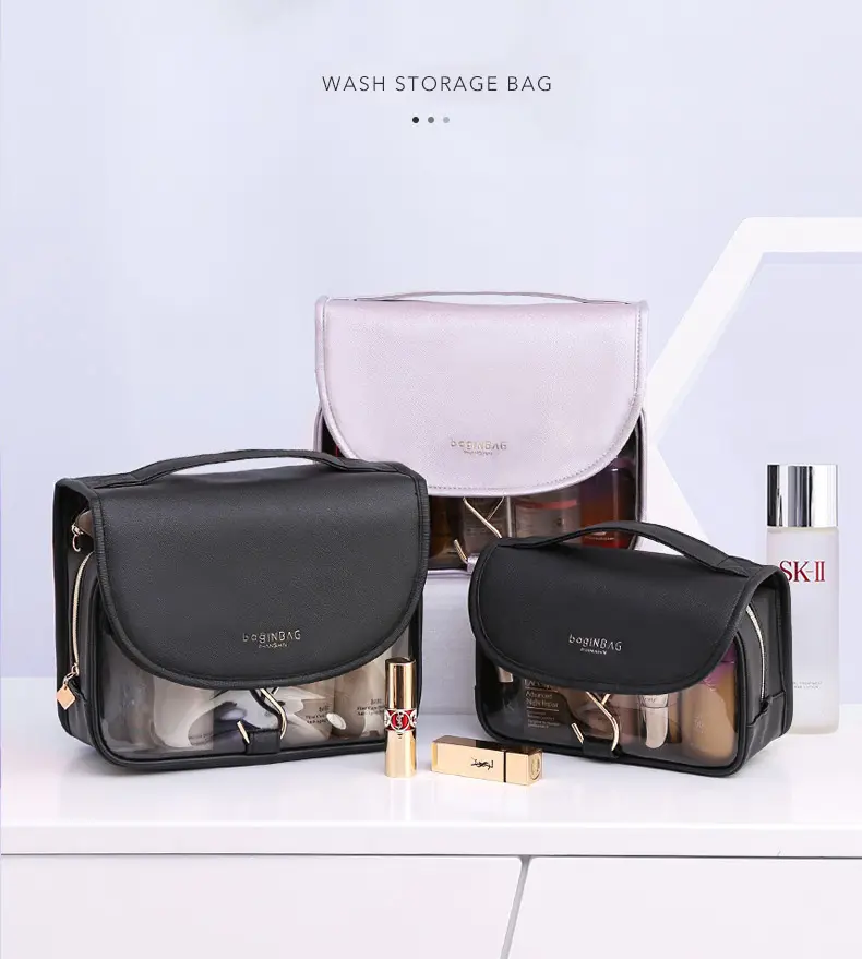 Bayanlar PVC makyaj çantası katlanabilir şeffaf makyaj PU deri asılı tuvalet çantası kozmetik çantası