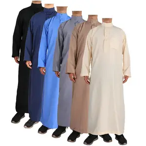 Thobe Musulman Taille Poche Solide Couleur Arabe Conception Robe Arabie Qatar Mode Hommes Vêtements Islamiques