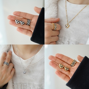 Collar con Colgante de Acero Inoxidable 316L Vintage con Diseño de Corazón en 3D y Tablero de Ajedrez, Chapado en Oro PVD, Cadena Moderna, Unisex, para Regalo - Product Image 1