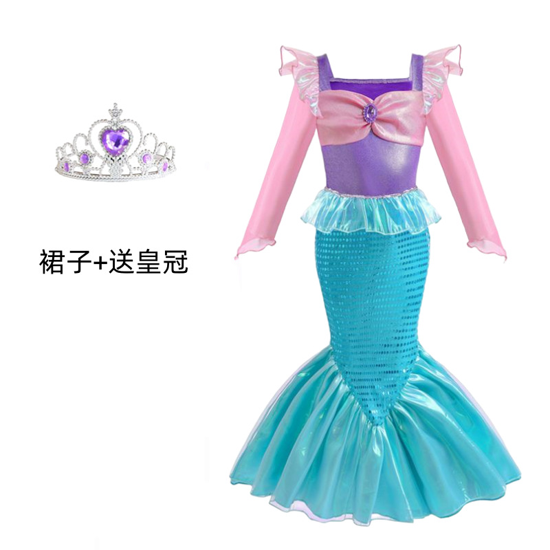 Mermaid powder blue long sleeve princess dress with crown