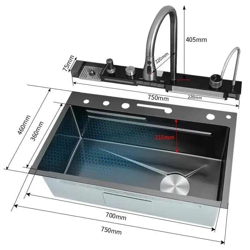 OEM LED numérique fait à la main noir blanc SUS 304 cascade en acier inoxydable évier de cuisine multifonction intelligent avec robinet à tirette