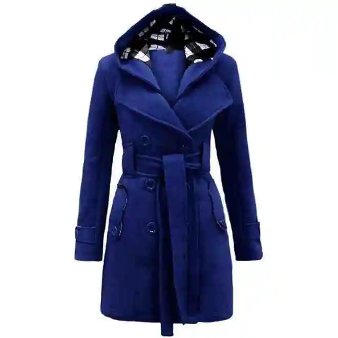 도매 유럽과 미국의 새로운 격자 무늬 후드 코트 벨트 더블 브레스트 긴 겨울 따뜻한 코트