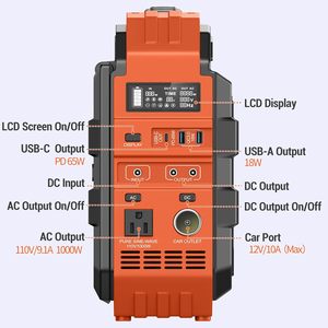 Station d'alimentation portable 1000W avec batterie LiFePO4 solaire intégrée avec sorties AC/DC/USB/PD pour le camping et les situations d'urgence - Product Image 3
