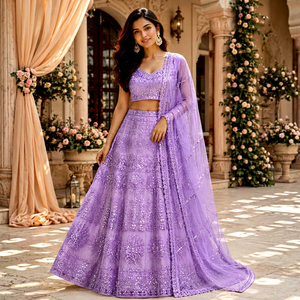 Ensemble de mariée Lehenga Choli Noiir Pigeon avec broderie lourde et travail manuel au miroir véritable |   Robe de mariée moderne en soie semi-couturée, longueur ras du sol - Product Image 1