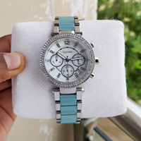 Montre-bracelet chronographe unisexe MKOriginals, lunette sertie de diamants, bracelet en métal bicolore, cadran en nacre, date, mouvement à quartz