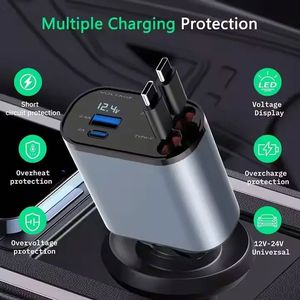ที่ชาร์จในรถยนต์แบบพับเก็บได้ 120W ชาร์จเร็ว USB C พร้อมหน้าจอ LED แสดงผลแบบดิจิตอล 4 in 1 อะแดปเตอร์ชาร์จเร็ว 2 พอร์ต Type C PD - Product Image 5