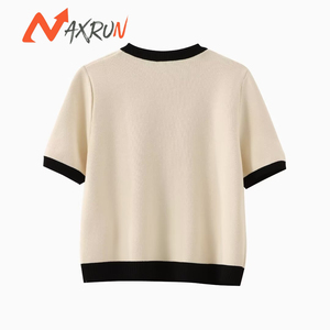 Casaco Feminino Casual de Malha com Bordado e Contraste de Cores, Manga Curta, Abotoamento Simples, Acolchoado e Respirável de Alta Qualidade - Product Image 3
