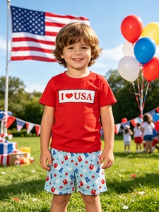 BSSO2011 rts Boutique Conjunto de ropa con estampado I love USA para bebé, color rojo, trajes de verano, conjunto de manga corta al por mayor - Product Image 1