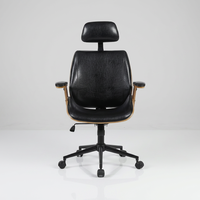 Chaise de bureau exécutive ergonomique de style mid-century moderne en bois courbé et cuir PU avec appui-tête fixe et pivotant réglable en hauteur