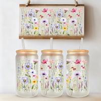 Magnifique décalcomanie florale UV DTF pour bouteille étanche de 16 oz, idéale pour verre d'été, faible quantité minimale de commande, livraison rapide, directement de l'usine
