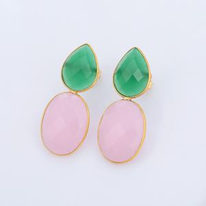 Boucles d'oreilles en argent sterling 925 plaqué or bijoux à goutte courte avec onyx vert et pierre de calcédoine rose pour filles et femmes - Product Image 2