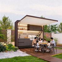 Îlot de barbecue extérieur moderne en aluminium avec évier, robinet, plateau en marbre, design étanche, glissières de tiroir durables, toit en aluminium