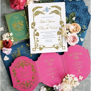 Carte de vœux personnalisée en papier cartonné bleu, motif floral léopard doré, estampage à chaud, doublure d'enveloppe, impression offset - Product Image 2
