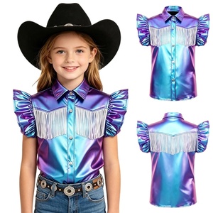 Camisa vaquera metálica para niñas con volantes en las mangas y garfio con flecos, tops para baile country, camisa de rodeo para niños, para actuaciones - Product Image 5