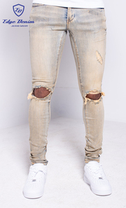 حافة الدنيم الصين مصنع مخصص الرجال الجينز السراويل ممزق نحيف المتعثرة الجينز خمر الغبار اثنين حفرة الجينز للرجال - Product Image 3