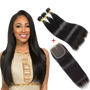 remy hair extension natural straight 3 bundles and a closure brazilian virgin human hair bundle hair weave with lace frontal