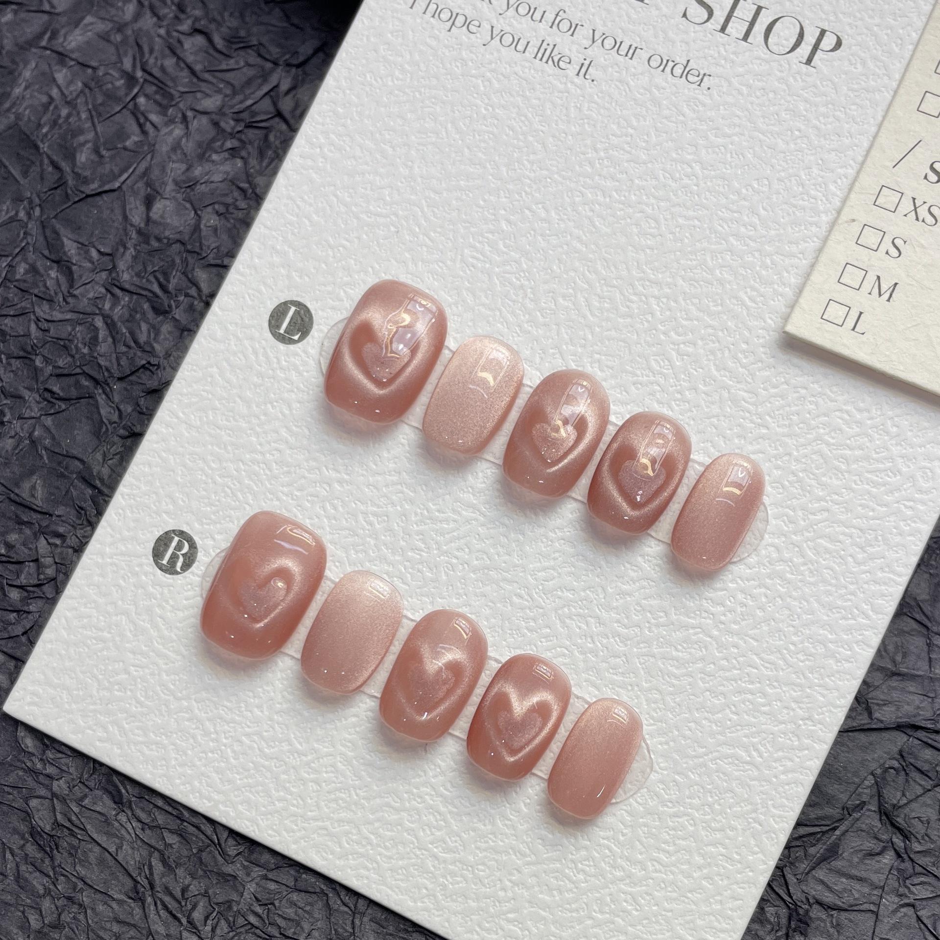 Handmade Pink Heart Flashing Cat Eyes False Nail Art Reusable Short Press-on Nails for Fingers Handmade Removable Nails