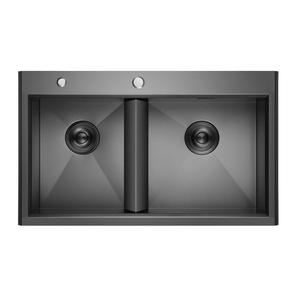 Lavello da <span class=keywords><strong>Cucina</strong></span> Moderno Grande 80*48cm Doppia Vasca Due Fori PVD Nero Acciaio Inox 304 Superficie Nano Fatto a Mano Senza Rubinetto - Product Image 3