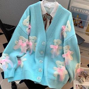 <span class=keywords><strong>Pull</strong></span> en tricot pour <span class=keywords><strong>femme</strong></span>, style cardigan ample et décontracté, col en V, motif ours mignon et nœud, collection automne-hiver, style dessin animé - Product Image 3