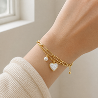 Bracelet en acier inoxydable double couche avec perles en forme de cœur, maillons trombone dorés, bijou délicat unisexe