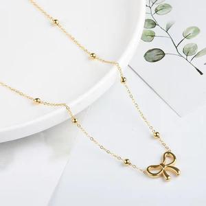 YWLY <strong>Fashion</strong> Stylish <strong>Bowknot</strong> 18K Gold Plated Stainless Steel Ball Bead Link Chain Bow <strong>Charm</strong> <strong>Pendant</strong> Necklace - Product Image 1