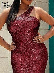 One Shoulder Mermaid <strong>Red</strong> <strong>Sequin</strong> Floor-Length Long Elegant Plus Size Evening Dress - Product Image 6