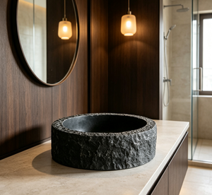 <span class=keywords><strong>Lavabo</strong></span> de Baño Redondo de Basalto Negro con Superficie Rugosa Estilo <span class=keywords><strong>Antiguo</strong></span> - Product Image 3