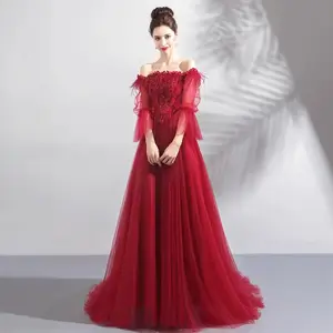 Wholesale Custom Made Red Long Length Lace Tulle Bridesmaid Dress