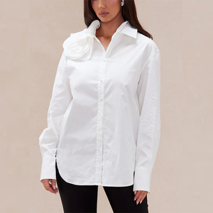 Blusa Elegante Blanca con Cuello y Apliques de Rosas 3D, Manga Larga, Corte Holgado, Camisa Casual de Oficina <span class=keywords><strong>para</strong></span> <span class=keywords><strong>Mujer</strong></span>, Personalizable - Product Image 3