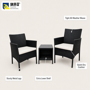 Ensemble bistrot en osier noir 3 pièces, mobilier de patio extérieur avec coussins blancs et table en verre - Product Image 4
