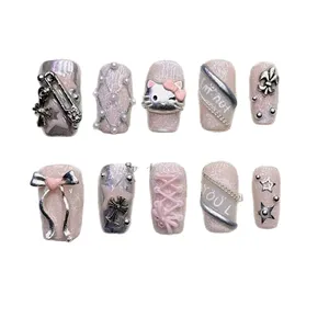 Uñas Postizas al por Mayor, Hechas a Mano, Color Rosa, Diseño <span class=keywords><strong>Hello</strong></span> Kitty, Forma Almendrada, Acrílicas, con Detalles de Gato - Product Image 2