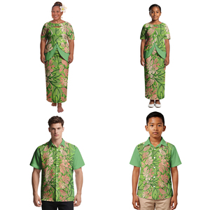 Ensemble de tenues familiales quatre pièces Puletasi Samoan à motif tribal pour les vacances à l'église des îles polynésiennes, chemises décontractées pour <span class=keywords><strong>parents</strong></span> et enfants - Product Image 4