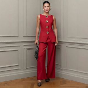 Completo Formale Primaverile da Donna, Giacca Senza Maniche e Pantaloni a Gamba Larga, Outfit da Ufficio in Due Pezzi - Product Image 1