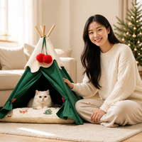 Tente de Noël personnalisée en gros avec logo, lit pour animaux de compagnie avec coussin, tipi en forme de cône, maison pour chat et chien, vert, rouge, blanc pour chiot et chaton