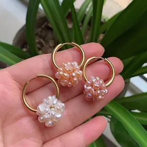 Fashion Hoop <strong>Earrings</strong> <strong>Cluster</strong> Flower Ball Drop Natural Freshwater Pearl Ear Loop <strong>Earring</strong> for Women Wedding Party - Product Image 2