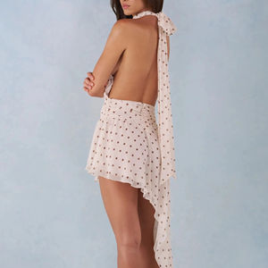 Robe mini élégante pour femme, col halter, dos nu, à pois, en mousseline, ourlet asymétrique, décontractée, sexy, pour soirée d'été - Product Image 6