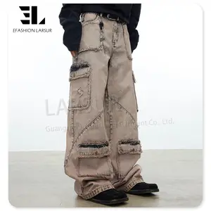 Larsur Custom Denim Fabriek Katoen Distressed Dye Wash Denim Cargo Broek Mannen Wtih Pocket Baggy Cargo Jeans Heren
