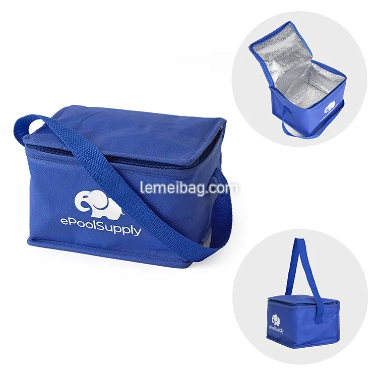 حقيبة غداء صغيرة معزولة باللون الأزرق مع شعار مخصص من مواد صديقة للبيئة غير منسوجة من الثلج للطعام