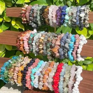 43 Kinds Colorful Crystal Chip Stone Bracelet Irregular Gravel Tumbled Stone Stretch Adjustable Bracelet for Women Men