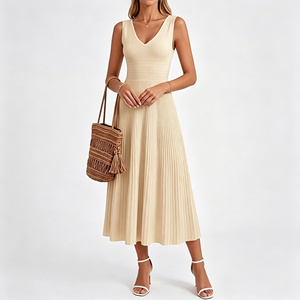 Abbigliamento Femminile alla Moda, <span class=keywords><strong>Vestiti</strong></span> in Viscosa con Scollo a V, Senza Maniche, Plissettati, Lunghezza Media, Abito Casual - Product Image 2