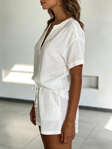 Completo Estivo Personalizzato 2026 in Lino e Cotone Bianco per Donna, <span class=keywords><strong>Set</strong></span> Due Pezzi con Scollo a V, Maniche Corte, Coulisse e Vita Elastica, OEM - Product Image 3