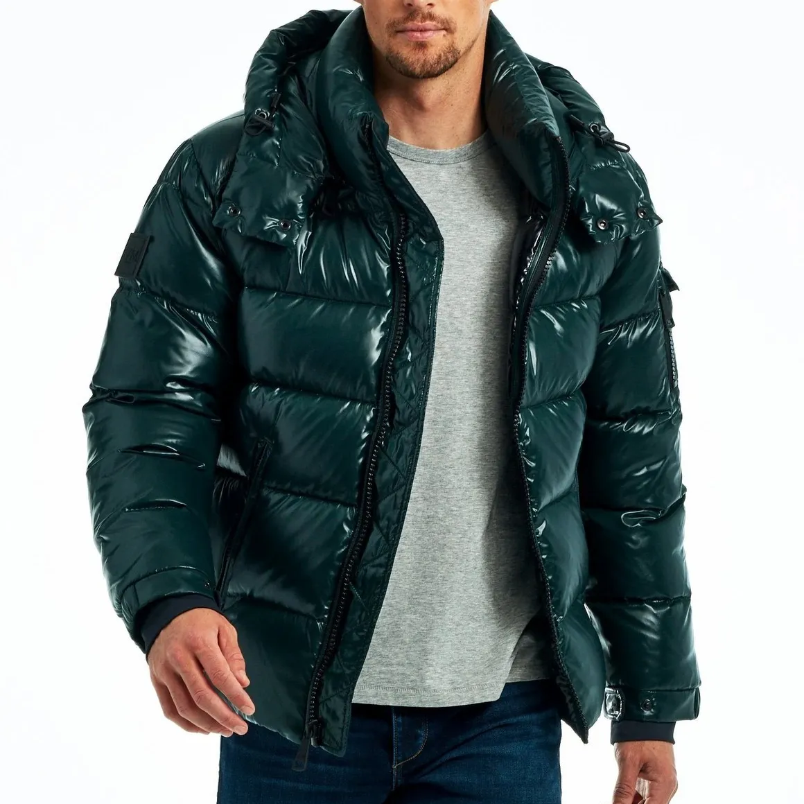 High Quality Winter Lightweight Padded Men's Green Shiny Bubble Puffer Jacket with Hood