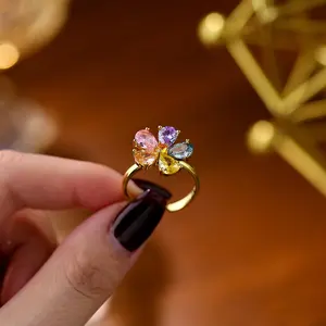 Wholesale Dainty 925 Sterling Silver Colorful Rings 18k Gold Multiple Color Zircon Rainbow Flower Rings For Women