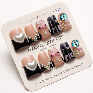 Faux ongles manuels à presser taille L, motif cœur et strass œil pour femme - Product Image 1